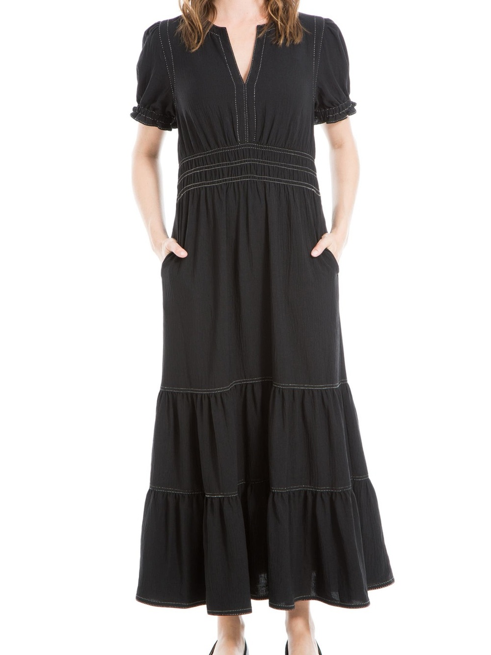 Max Studio Black Tiered Maxi Dress with Contrast Stitching